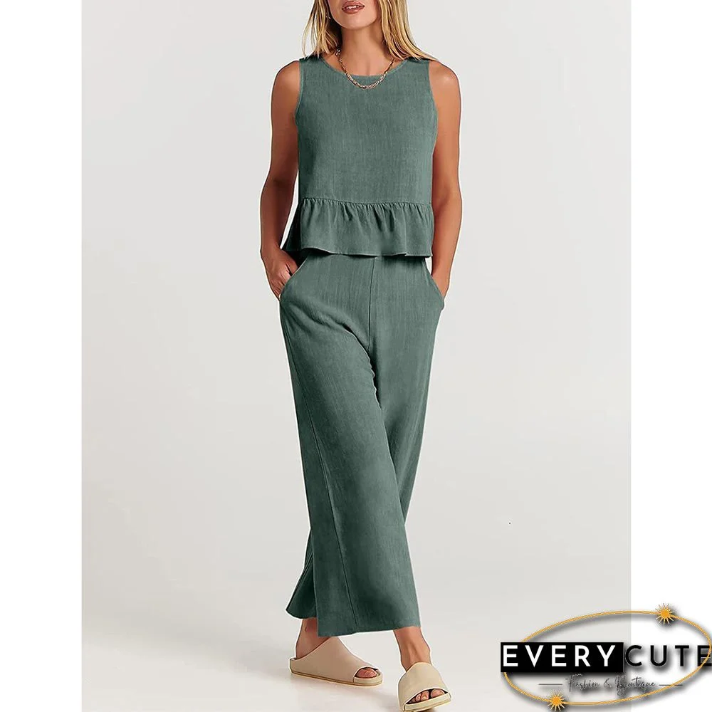 Gary Green Sleeveless Pleated Tank and Wide Leg Pants set
