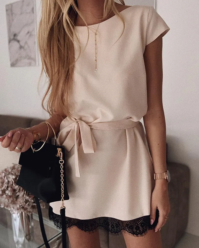 Solid Short Sleeve Lace Patchwork Mini Dress P15271