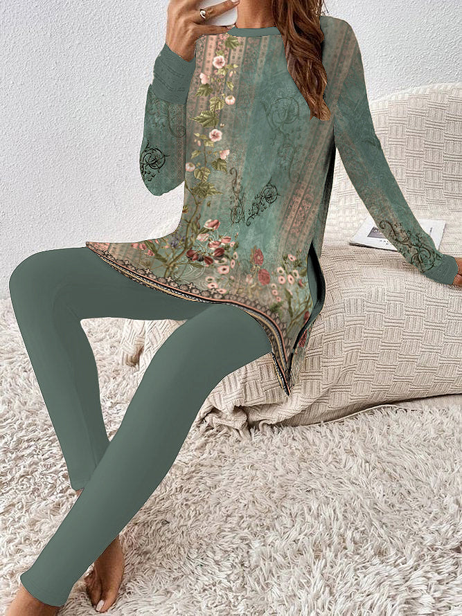 Green Print Long Sleeve Two Piece Set