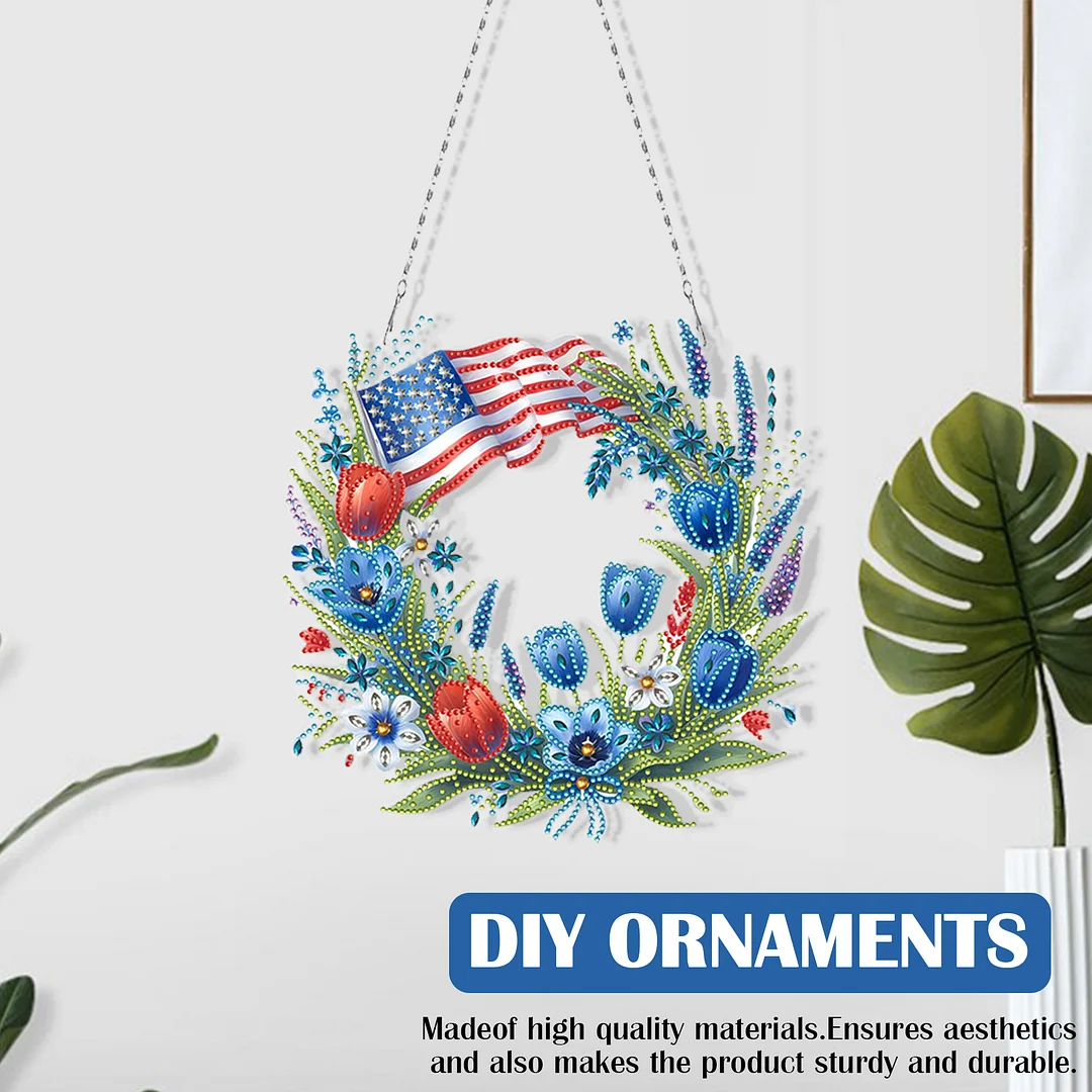 DIY Independence Day Wreath 5D Diamond Painting Dots Pendant for Window Wall