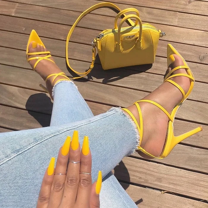 Yellow Strappy Stiletto Sandals with Heels Vdcoo