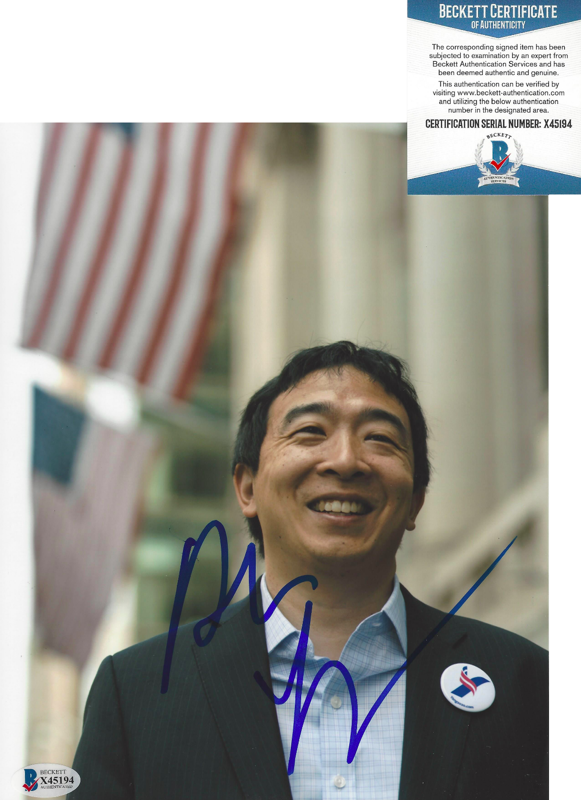 ANDREW YANG NY DEMOCRAT CANDIDATE SIGNED 8x10 Photo Poster painting B USA PROOF BECKETT COA BAS