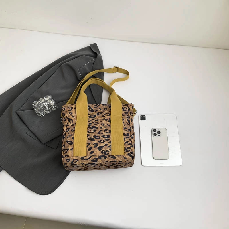Women’s Nylon Leopard Classic Style Square Zipper Tote Bag