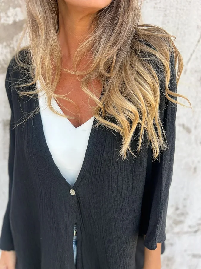 Women's V-Neck Long Sleeve Loose Button Design Casual Shirt