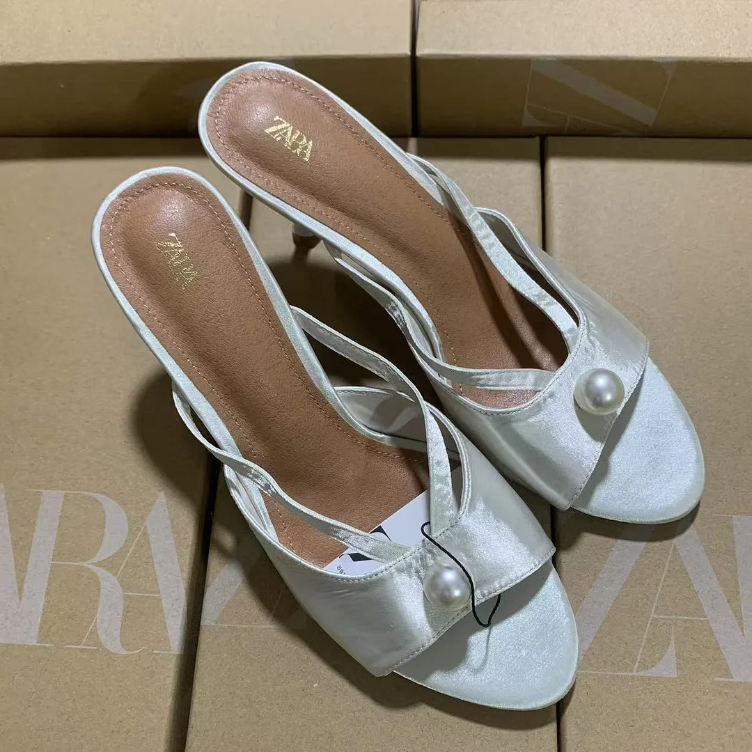 Breakj Breakj Spring New Women's Shoes Artificial Pearls High Heel Round Toe Fashion High Heel Sandals White