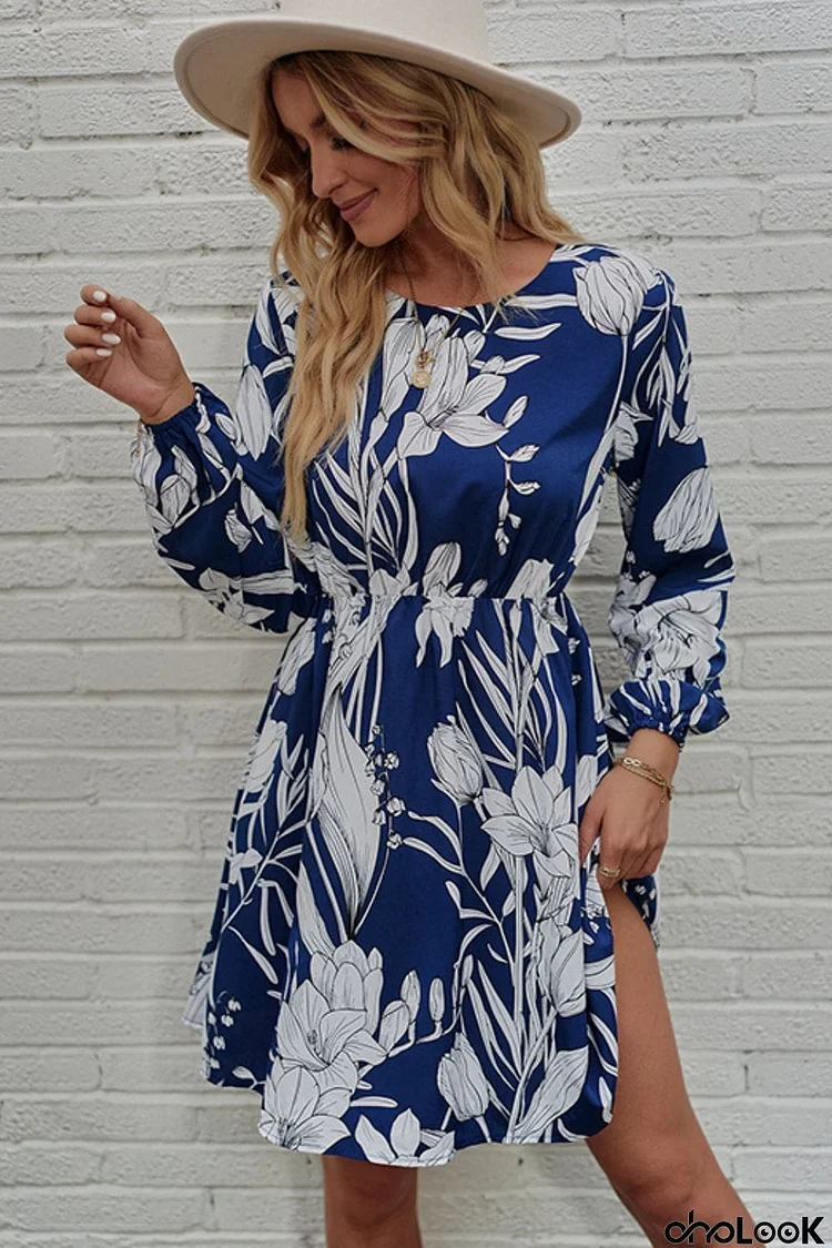 Floral Round Neck Balloon Sleeve Mini Dress