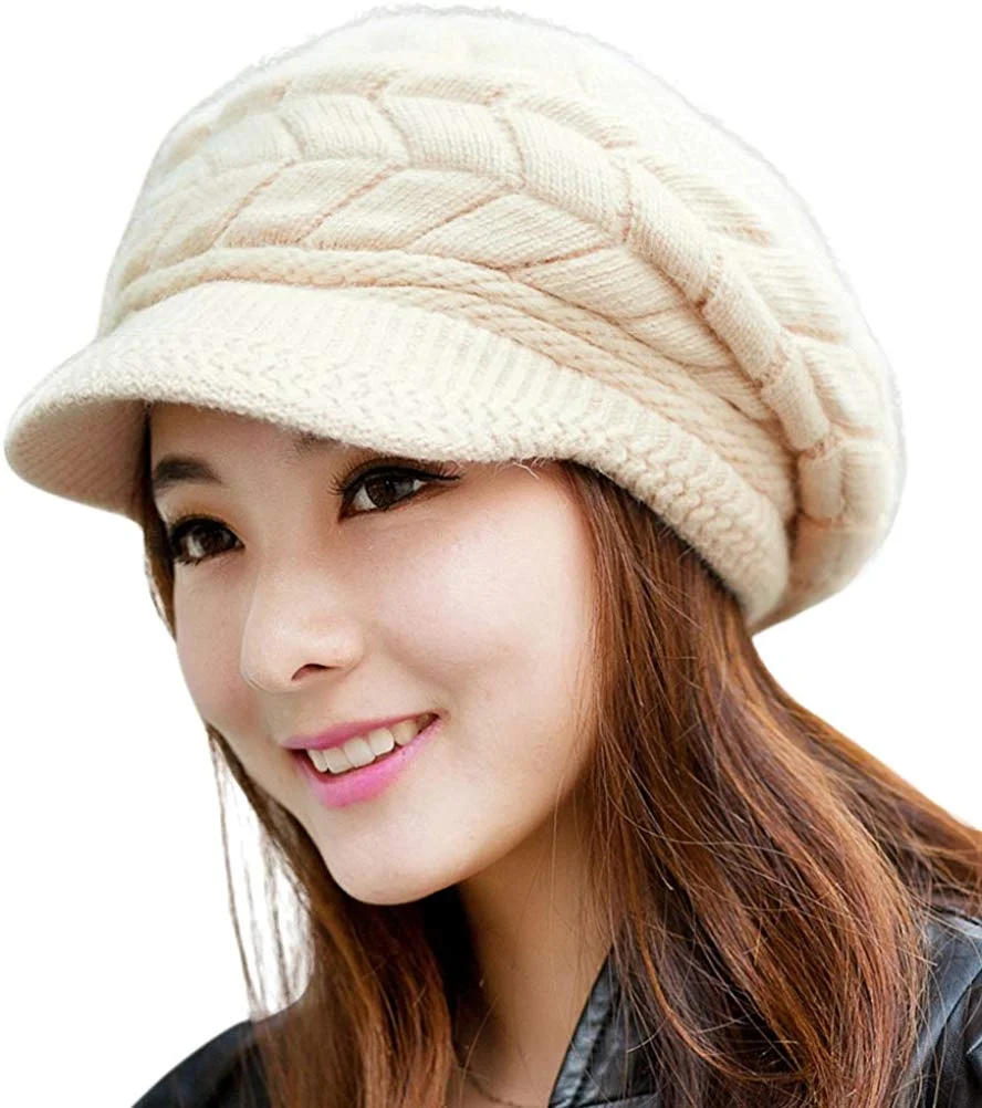 Women Winter Warm Knit Hat Wool Snow Ski Caps with Visor