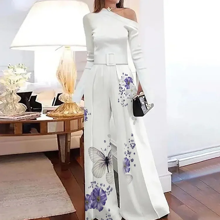 Floral-Print One-Shoulder Wide-Leg Jumpsuit