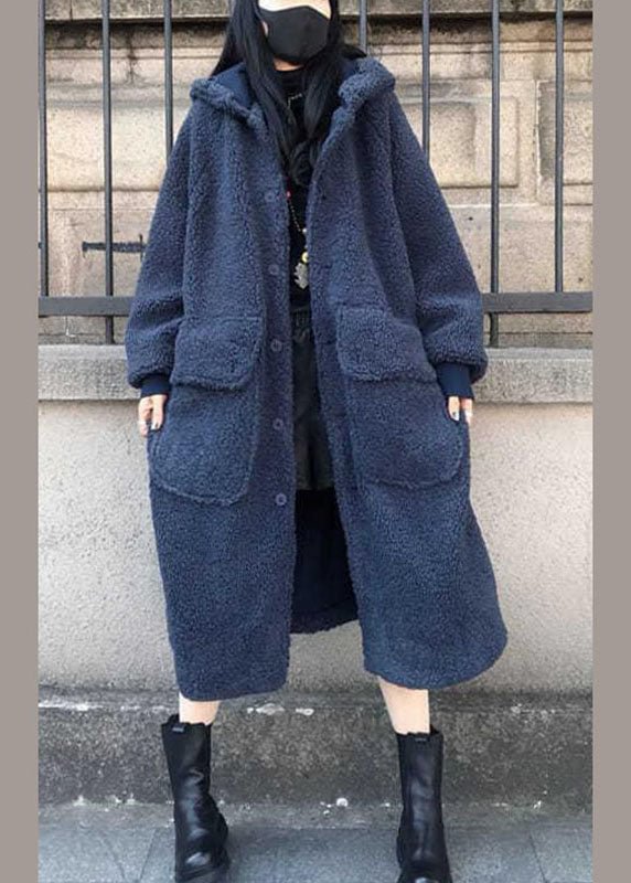 Fine Blue hooded Loose Casual Winter Long sleeve Trench Coats CK1627- Fabulory