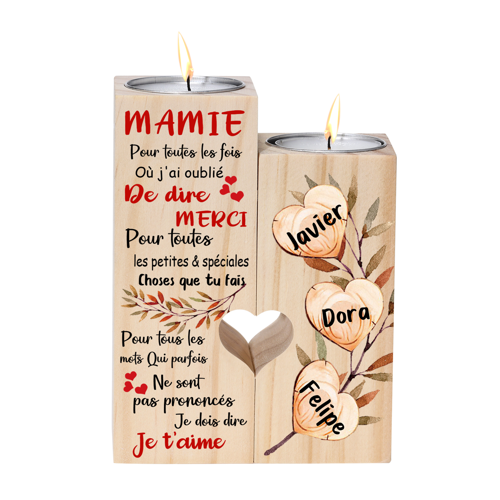 À Ma Mamie - Bougeoir en Bois 3 Prénoms Personnalisés sans bougie