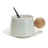 White Porcelain Exquisite Cat and Dog Round Wooden Handle Coffee Cup Set