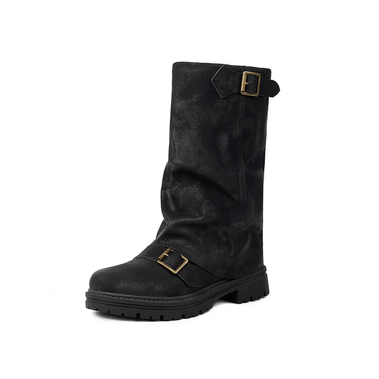 Tanguoant Tanguoant Boots Belt Buckle Round Head Middle Boots Autumn / Winter Plus Size Women's Boots A03