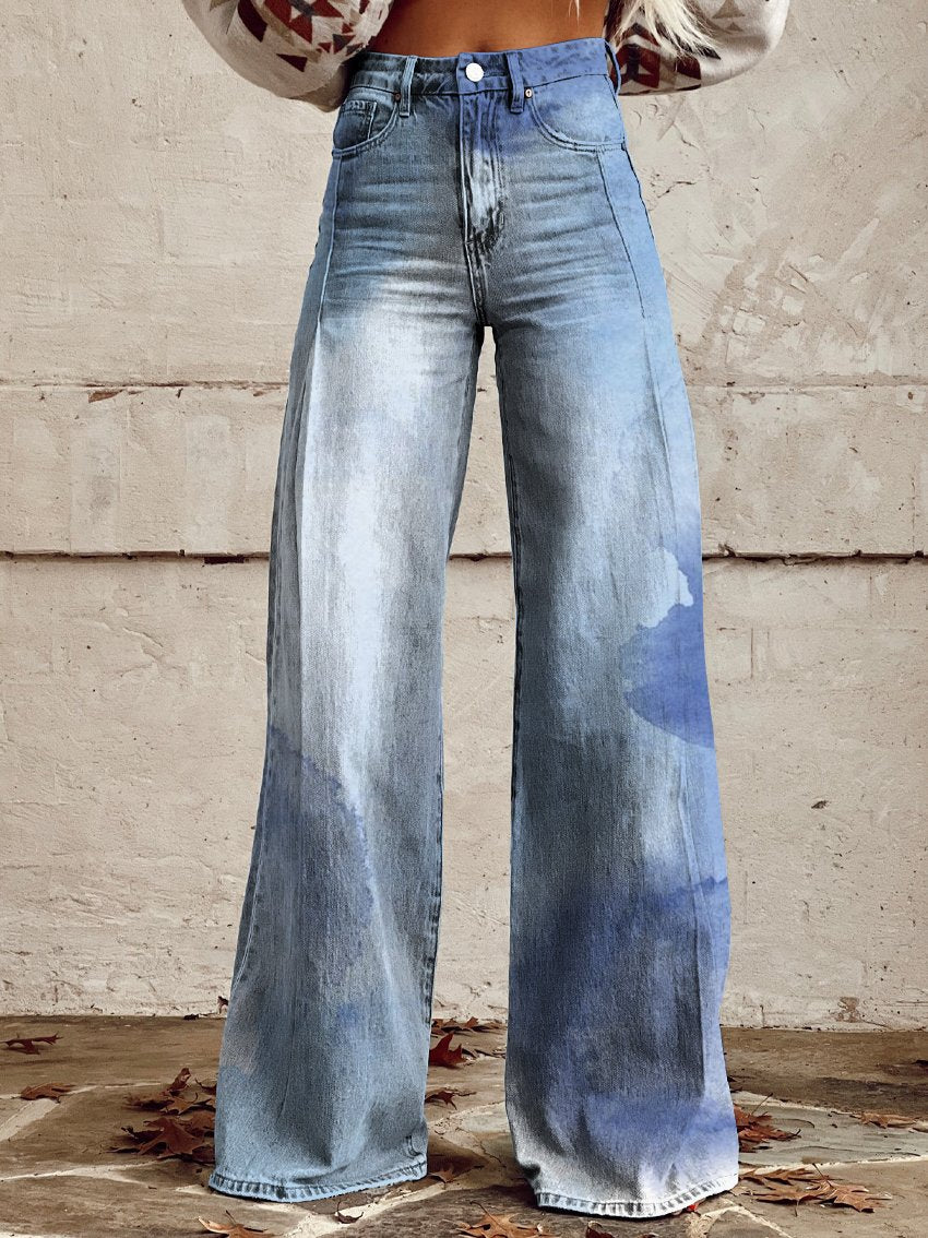 Women's Blue Water Pattern Print Casual Wide Leg Pants