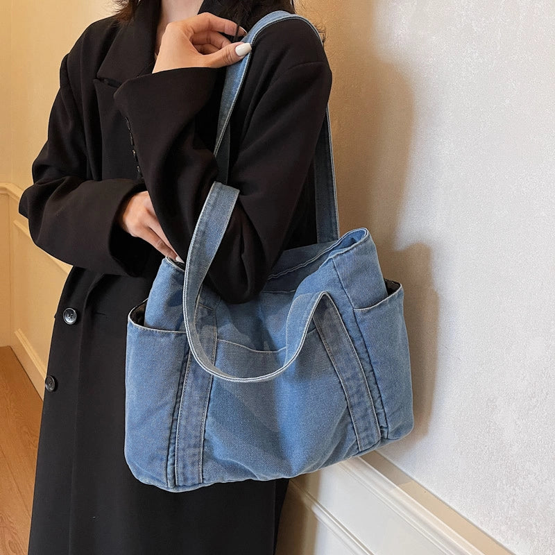 Women’s Denim Solid Color Classic Style Square Zipper Tote Bag