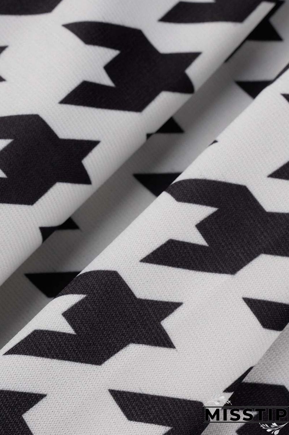 Black And White Casual Print Patchwork Turn-back Collar Long Sleeve Plus Size Dresses