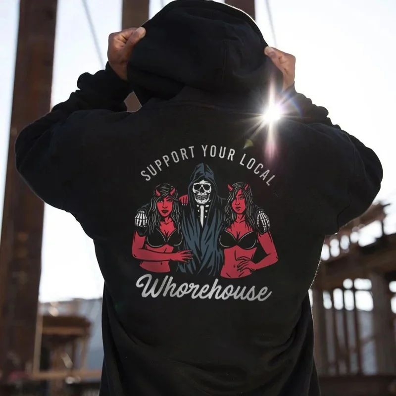 SUPPORT YOUR LOCAL WHOREHOUSE Skull Sexy Graphic Black Print Hoodie