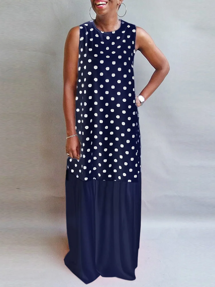 Polka Dot Patchwork Sleeveless Round Neck Maxi Dress SKUJ33152 QueenFunky