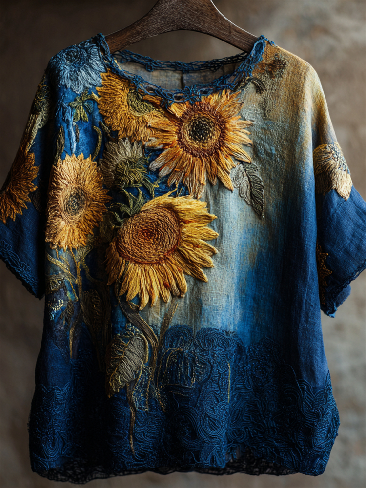 Oil Painting Inspired Sunflowers Embroidered Linen Tunic  artssus