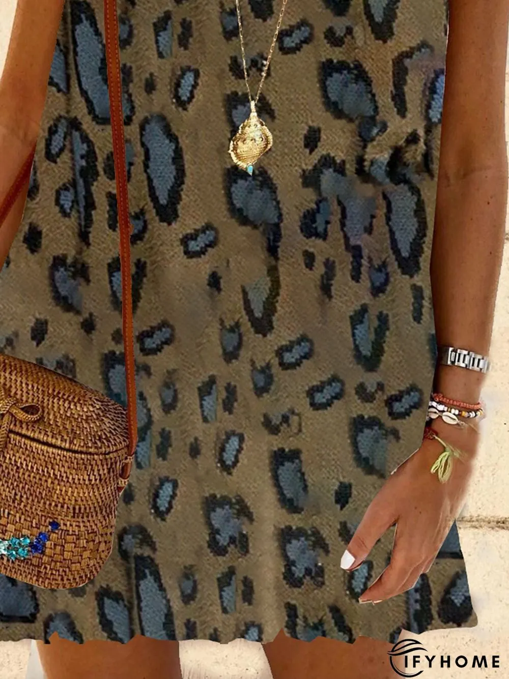 New Women Chic Plus Size Vintage Holiday Boho Leopard Spaghetti-Strap V Neck Vintage Knitting Dress | IFYHOME
