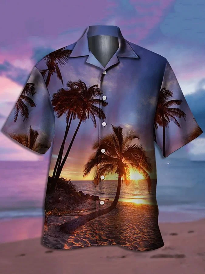Mens Funky Hawaiian Coconut Tree Print Casual Short Sleeve Shirts