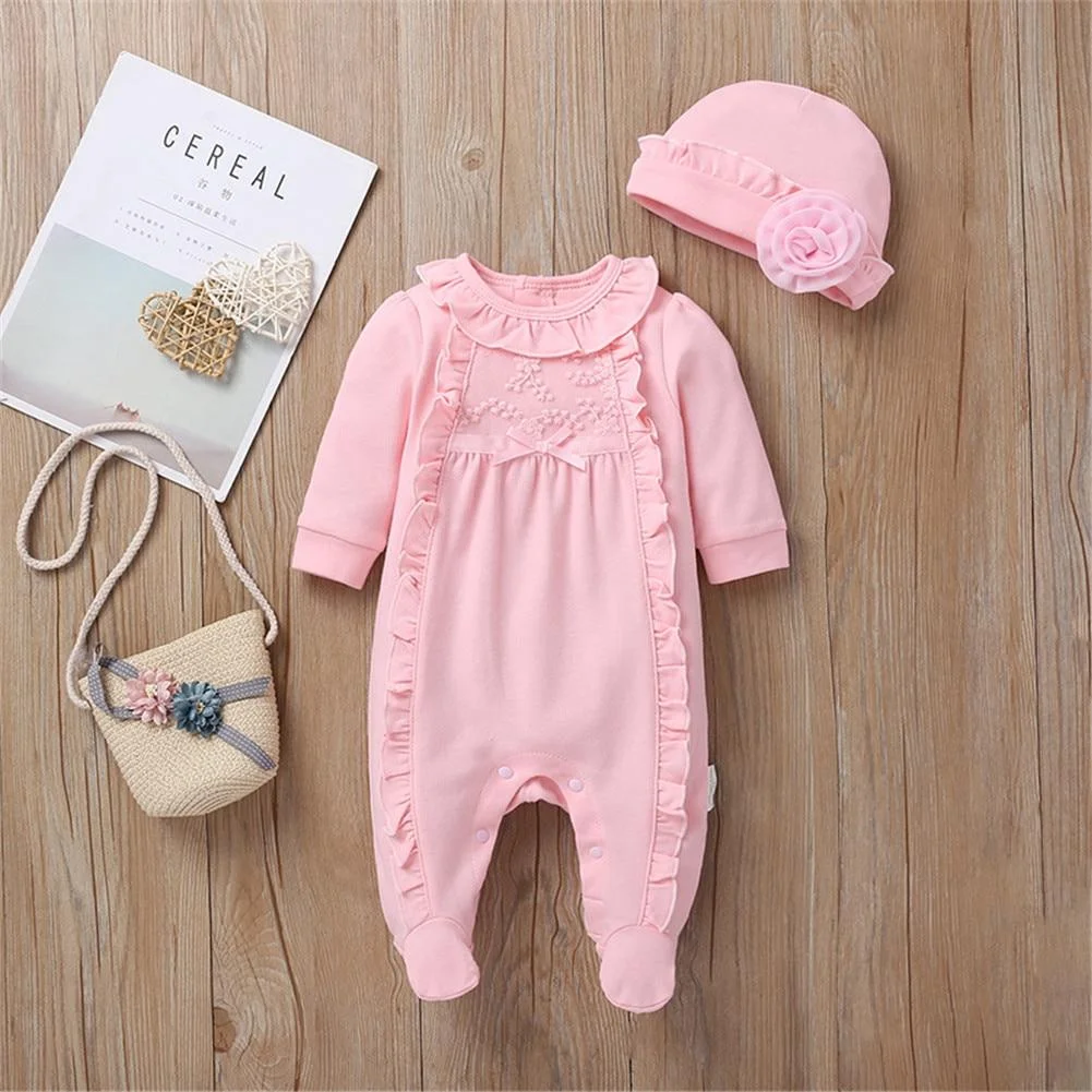 2019 Baby Spring Autumn Clothing Newborn Infant Girl Floral Romper Baby Jumpsuit Hat 2Pcs Outfits Long Sleeve Clothes