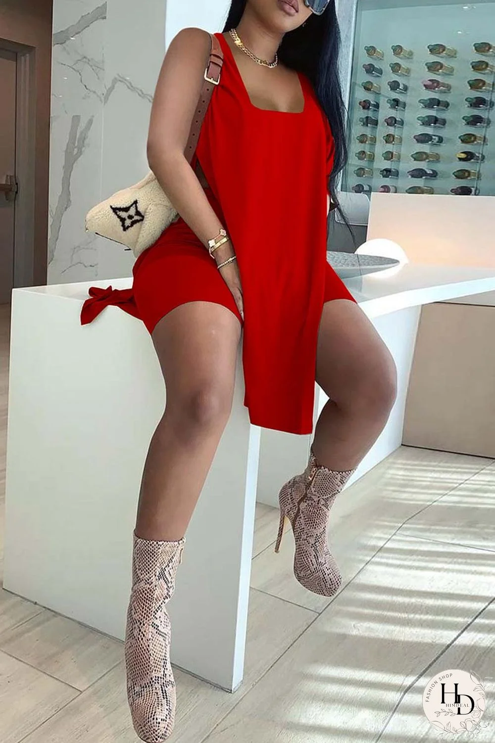 Rose Red Fashion Casual Solid Slit U Neck Sleeveless Two Pieces