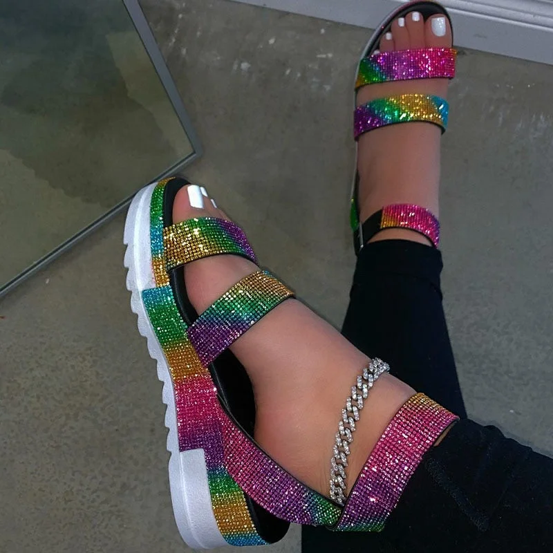 Vstacam  2022 New Arrival Rainbow Rhinestone Sandals Fashion Crystal Purses Set Slippers Women Summer Bag Slides Dames Schoenen Klapki