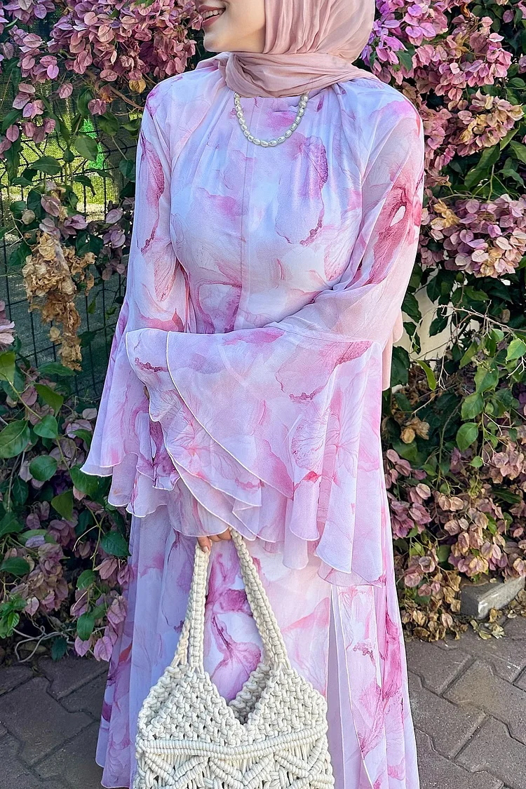 floral flare sleeve maxi dress Hari Black & Gold Elegant Summer Floral Lined Modest Dress Flare Sleev –  House Of Haniya main image 1