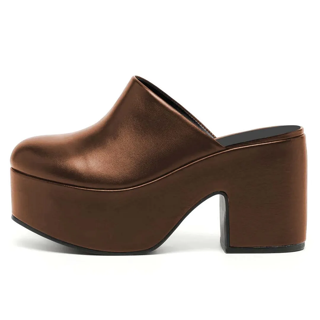YDN Brown Block Heel Slip-On Platform Mules with Round Toe