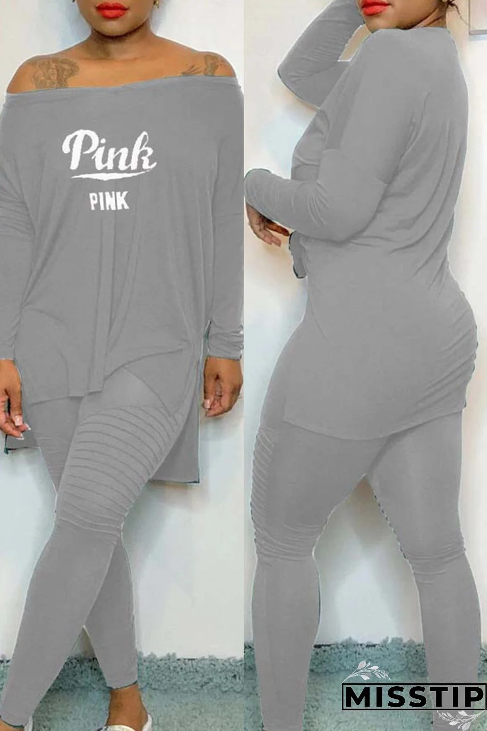 Black Casual Letter Print Slit V Neck Long Sleeve Two Pieces