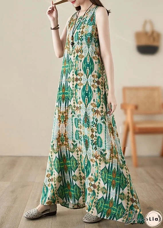 Handmade Green O-Neck Print Maxi Dresses Summer
