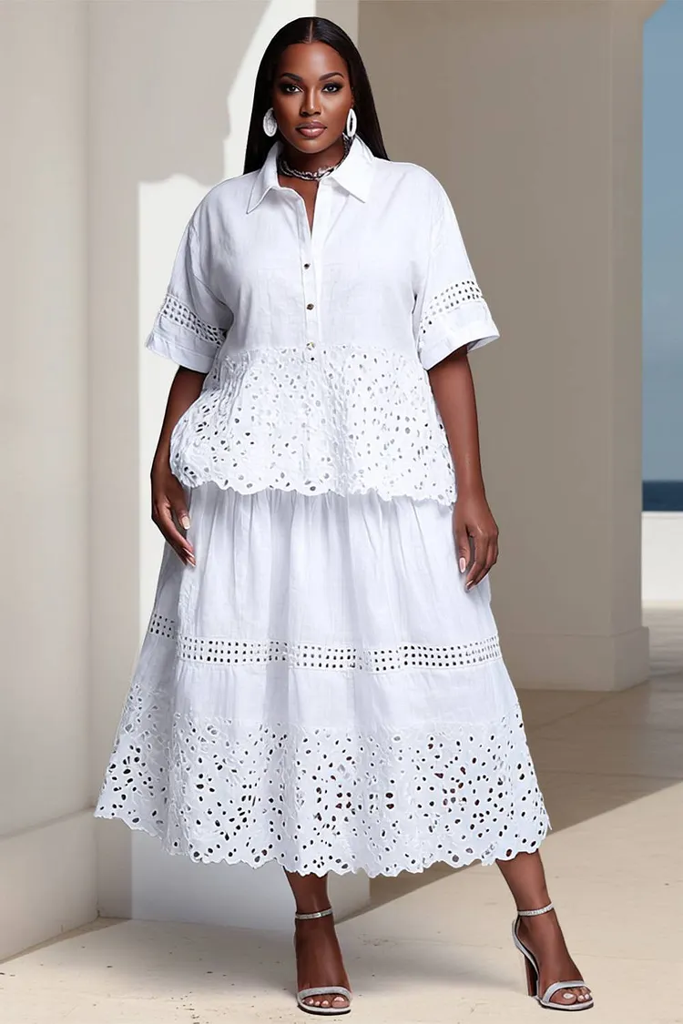 Xpluswear Design Plus Size Business Casual White Shirt Collar Half Sleeve Cut Out Two Piece Skirt Sets [Pre-Order] 2024 - Xpluswear