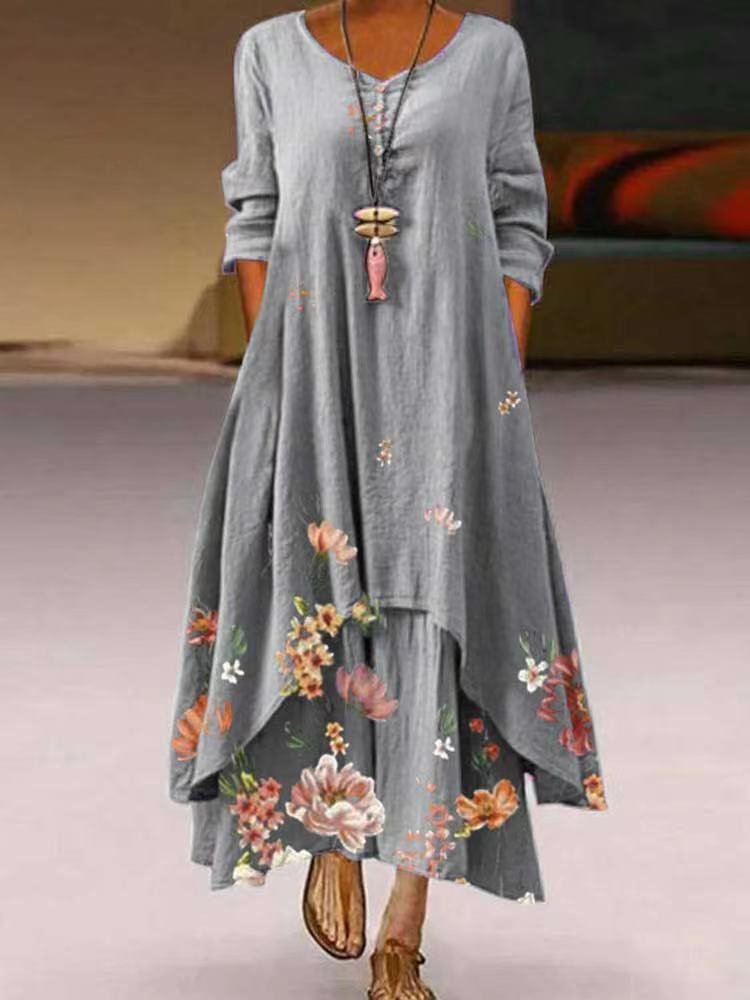 2022 Summer Dress Women Elegant Floral Print Long Sleeve Spring Dress Fashion O Neck Loose Party Dress Women Maxi Dress Vestidos 711-1