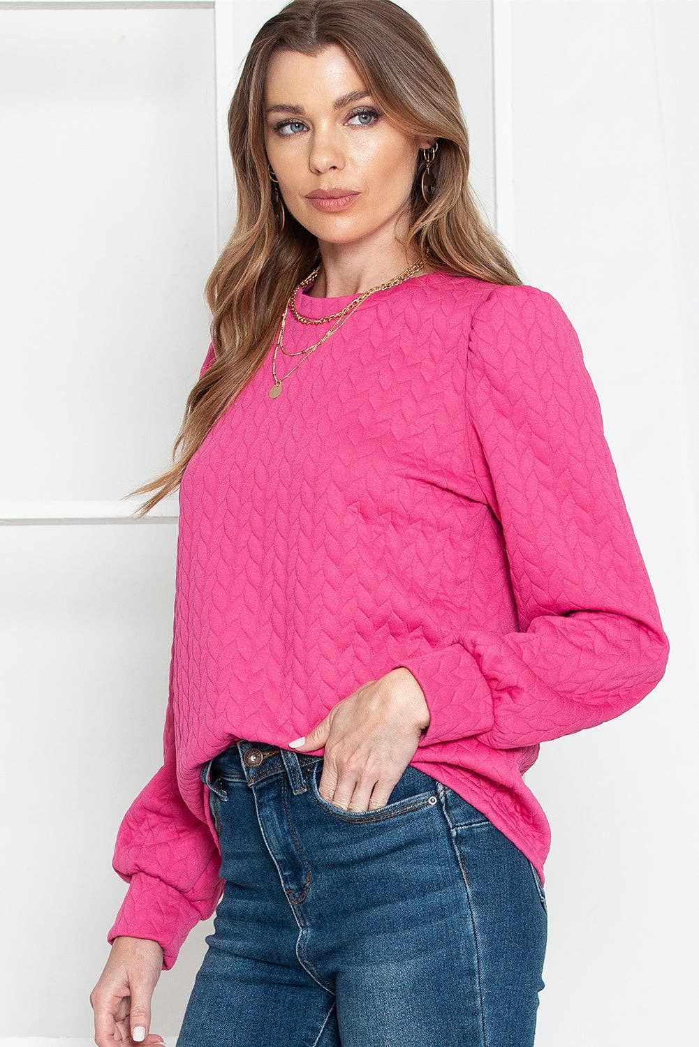 Rosy Waffle Quilted Puff Sleeve Sweatshirt | IFYHOME