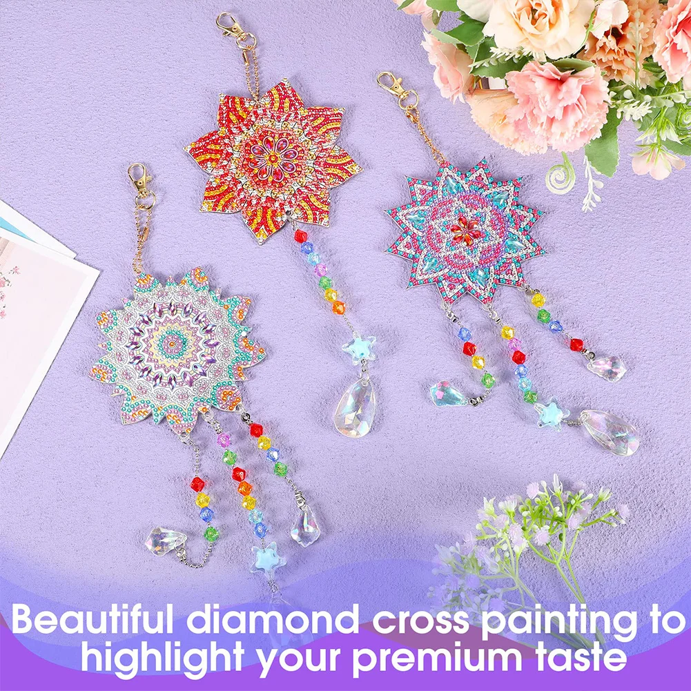 3pcs DIY Mandala Suncatcher Double Sided Diamond Painting Art Pendant