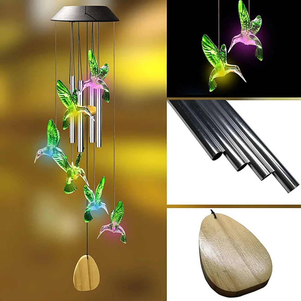 Colorful LED Solar Light Outdoor Wind Chime Hummingbird Pendant Lamps (A)