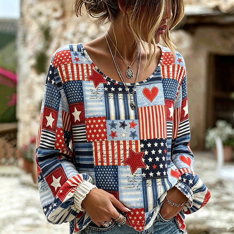 Comstylish Women's Vintage Independence Day Patchwork Art Print Linen Blend T-shirt