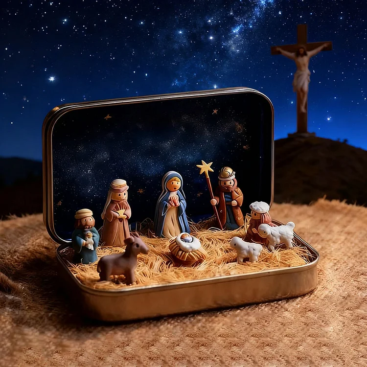 Handcrafted Pocket-Size Christmas Nativity Scene Gift Tin