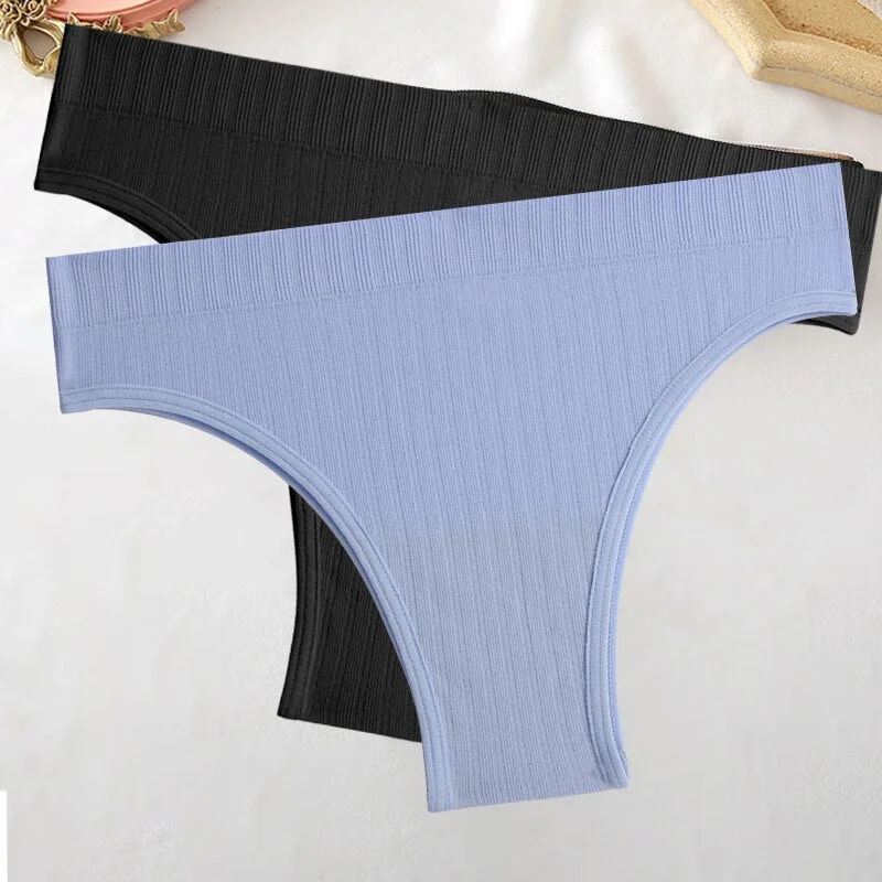 FINETOO 2PCS/Set M-XL Women Seamless Pantys 9 Solid Colors Sexy Brazilian Panties  Midi-Waist Underpants For Girls Fashion Thong