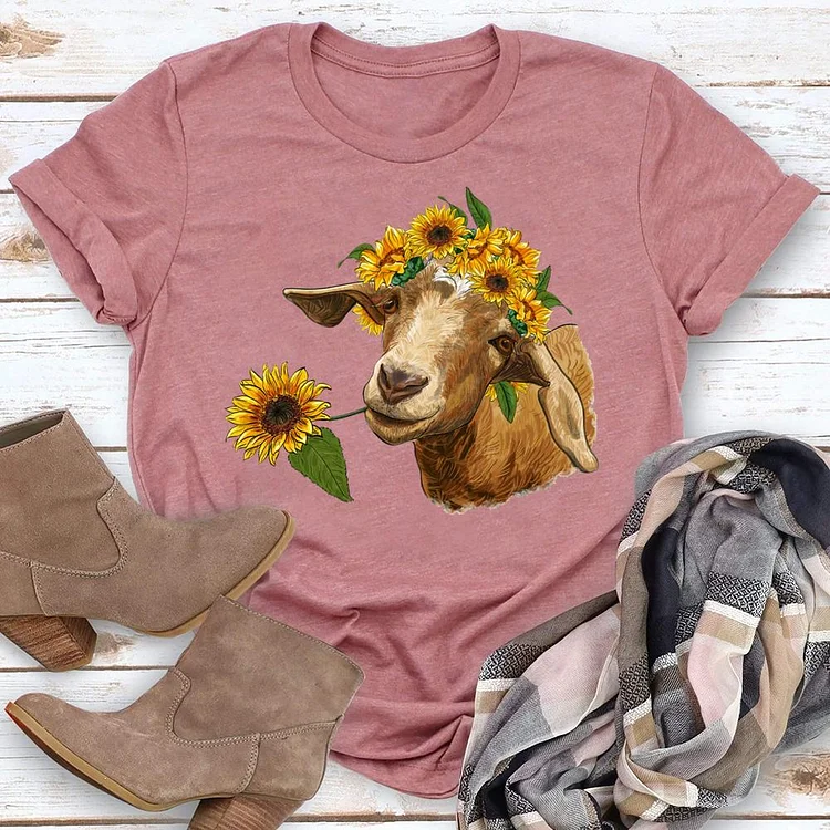 Goat Sunflowers Round Neck T-shirt-018308