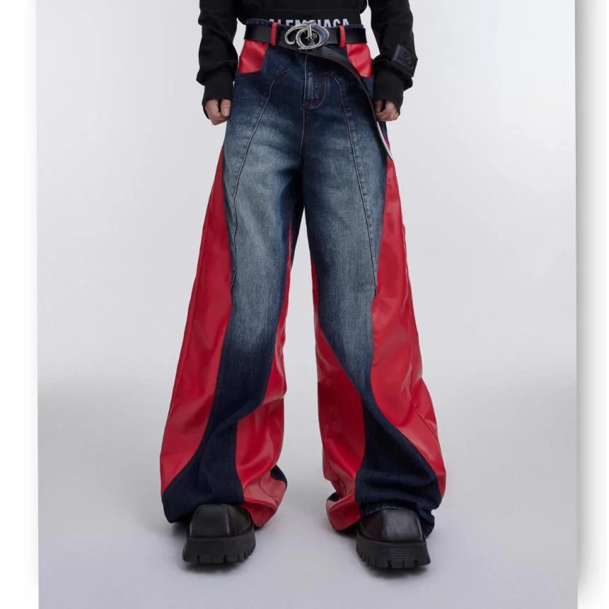 Aonga Y2k Retro Washed Splicing Jeans for Men New Hip Hop Punk PU Leather Baggy Jeans Straight Casual Black Denim Trousers Streetwear aonga