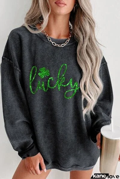 LUCKY Round Neck Dropped Shoulder Sweatshirt