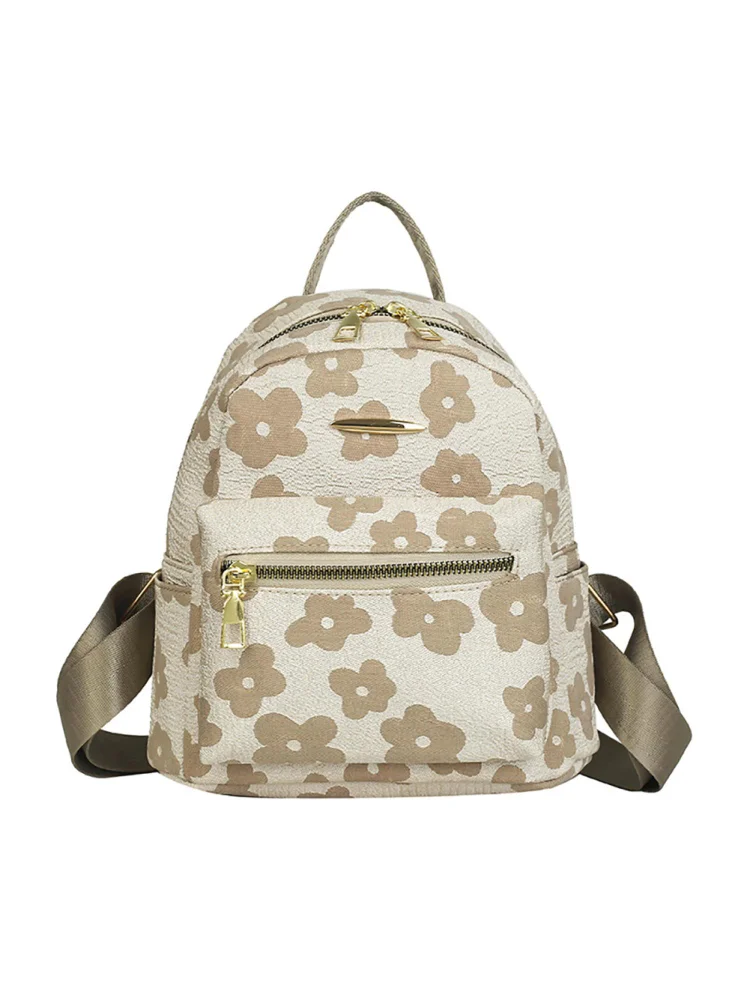 Flower Print Pure Backpack for Girl Soft Canvas Portable School Bag (Khaki)