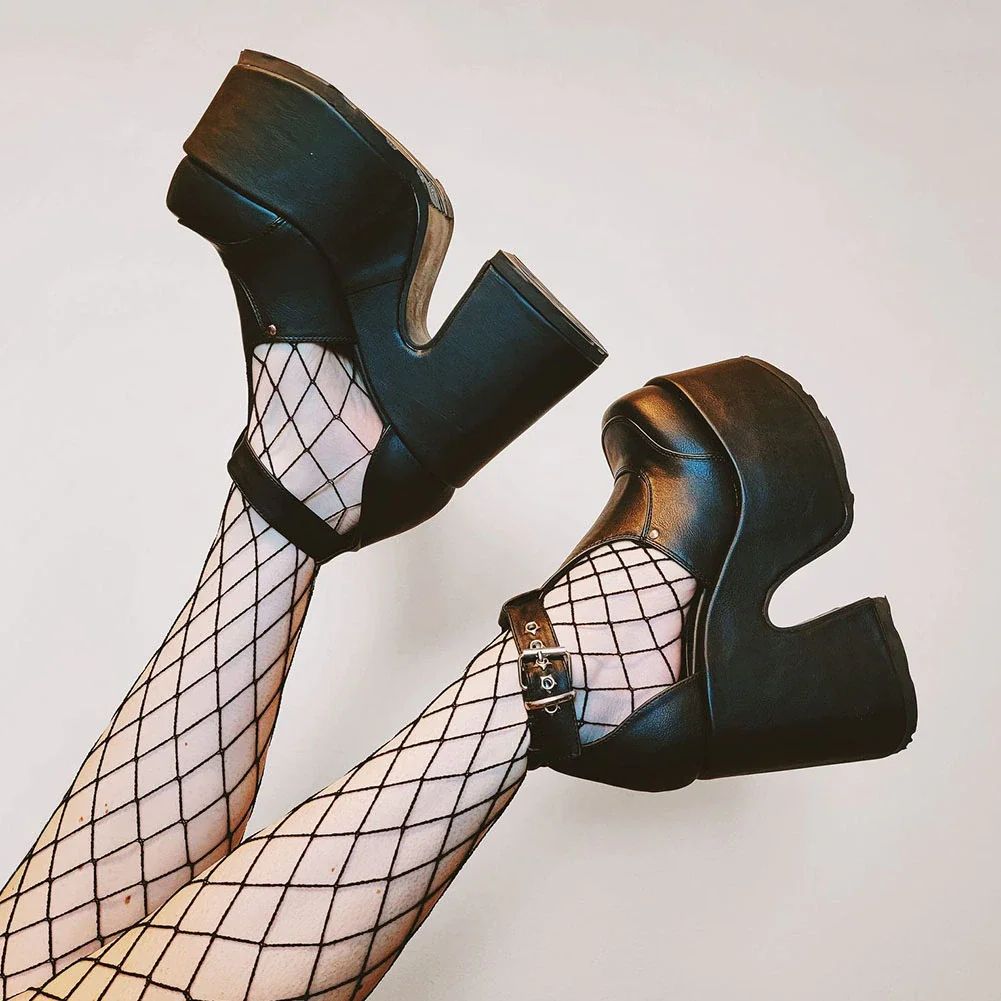 Qengg INS 2021 Platform Round Toe high-heeled Buckle Strap Punk Cool Goth women's Sandals Cutout Thick Heel Summer Shoes