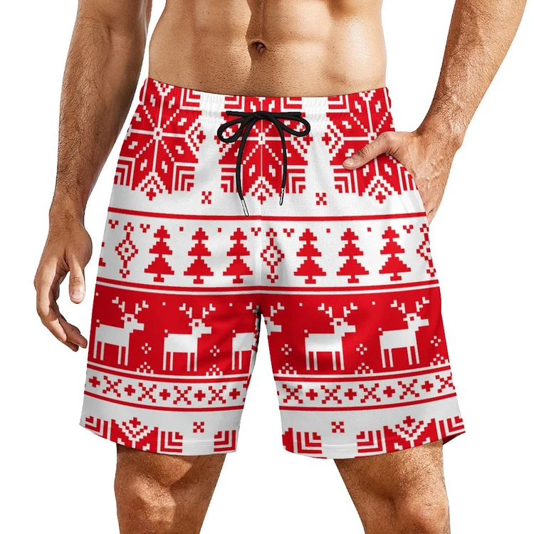 Summer Red White Christmas Knitted Sweater Print Men Mesh Swim Trunks Drawstring Waist Running Bathing Board Beach Shorts - Heather Prints Shirts