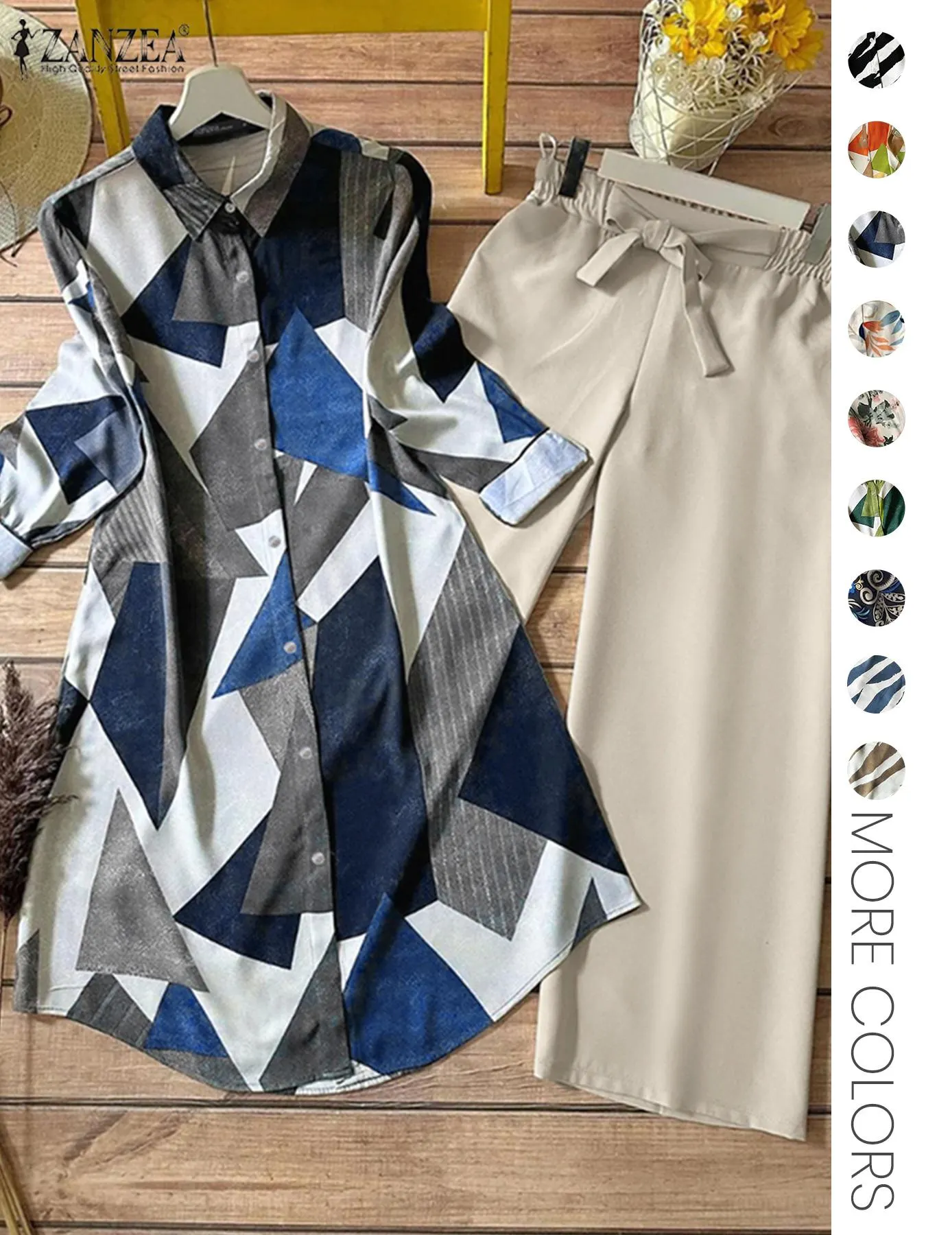 Two-piece Women's All-Over Print Button Shirt & Wide Leg Pants Set, Casual Long Sleeve Collared Top & Trousers for Daily Wear, Ladies Clothes for All Seasons