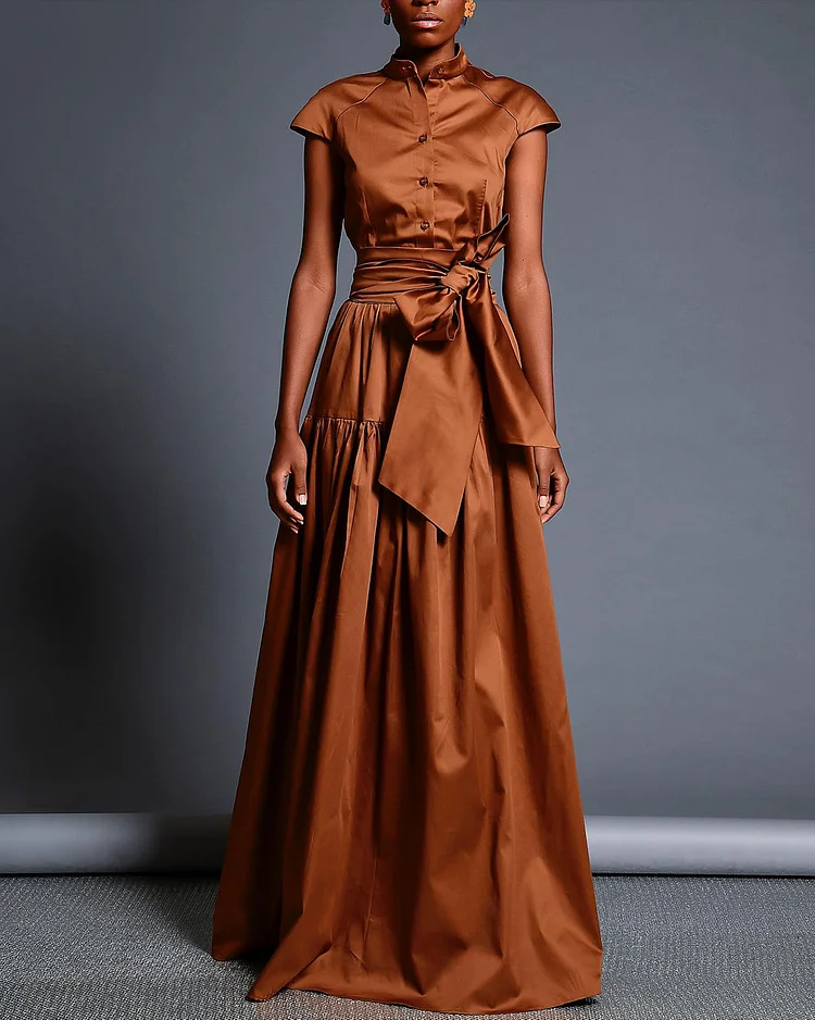 Women's Short Sleeve Bow Solid Color Dress