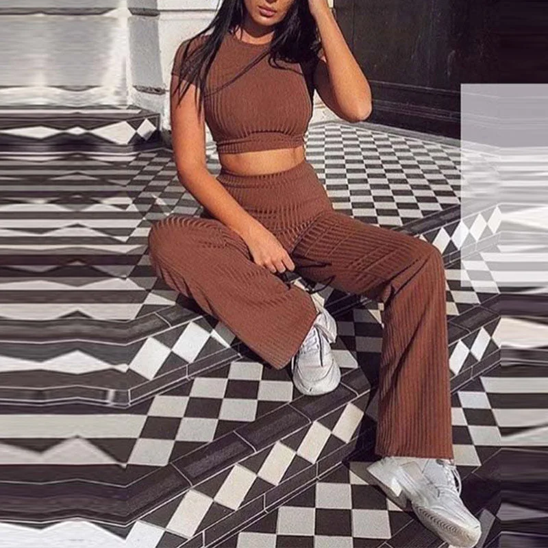 Summer Knitted Sweat Suits Women Matching Sets Long Sleeve Hoodie+wide-legged Pants Loungewear Sweater Set Two Piece Outfits