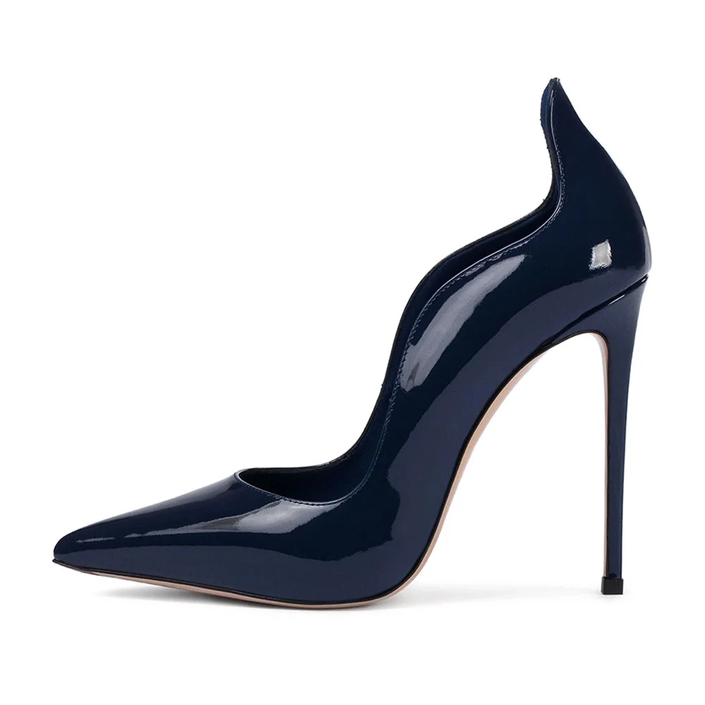 Elegant Navy Pointed Toe Wave Edge Patent Leather High Heels for Women