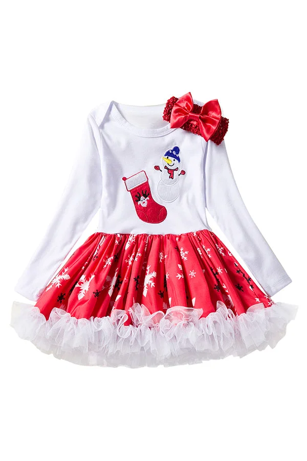 Long Sleeve Stocking Snowman Snowflake Print Kids Girls Christmas Dress-elleschic